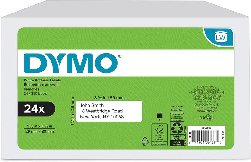 Dymo Authentic LW Mailing Address Labels Labels for LabelWriter Label Printers White 1-1/8" x 3-1/2" 24 Rolls of 350 (8400 Total) - Image 1