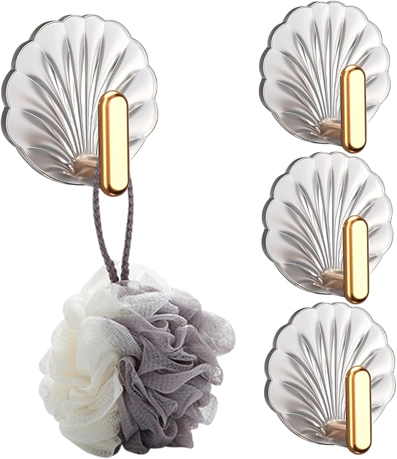 خطافات جدارية ذاتية اللصق على شكل صدفة شفافة 4 قطع مع علاقة ذهبية مقاومة للماء ثقيلة الواجب - Image 2