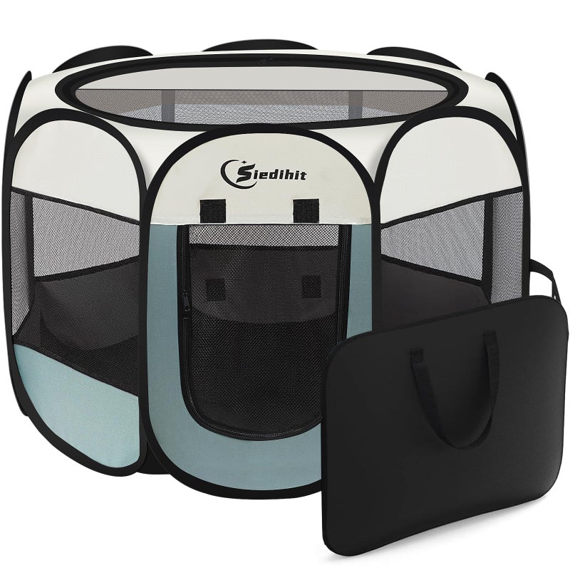 Siedihit Dog Playpen, Puppy Pet Playpen, Medium Dogs Tent Crates Cage Indoor/Outdoor, Portable Pop Up Dog Kennel Playpen with Carrying Case for Dogs/Cats/Rabbits, Removable Zipper Top, Grey - Image 1