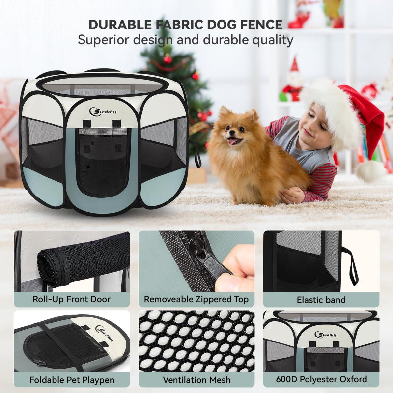 Siedihit Dog Playpen, Puppy Pet Playpen, Medium Dogs Tent Crates Cage Indoor/Outdoor, Portable Pop Up Dog Kennel Playpen with Carrying Case for Dogs/Cats/Rabbits, Removable Zipper Top, Grey - Image 4