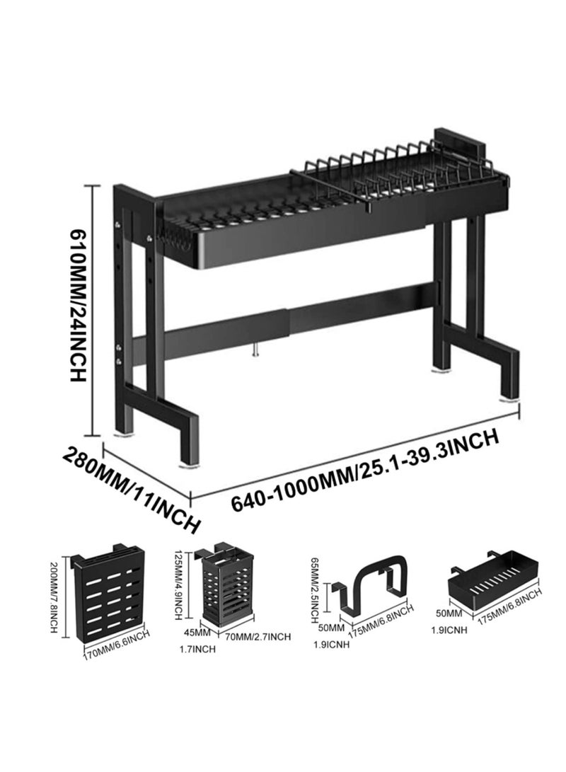 هيكسار حامل أطباق بطول 64 - 100 سم قابل للتعديل فوق الحوض، حامل أطباق عالي التحمل وطول قابل للتعديل وارتفاع كبير مع حامل أواني لمنظم سطح المطبخ - طبقتان - Image 2