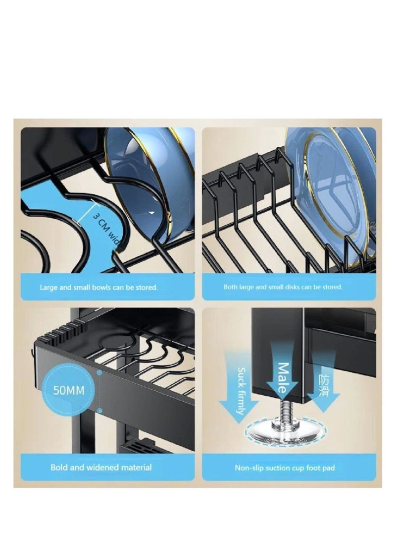 هيكسار حامل أطباق بطول 64 - 100 سم قابل للتعديل فوق الحوض، حامل أطباق عالي التحمل وطول قابل للتعديل وارتفاع كبير مع حامل أواني لمنظم سطح المطبخ - طبقتان - Image 5