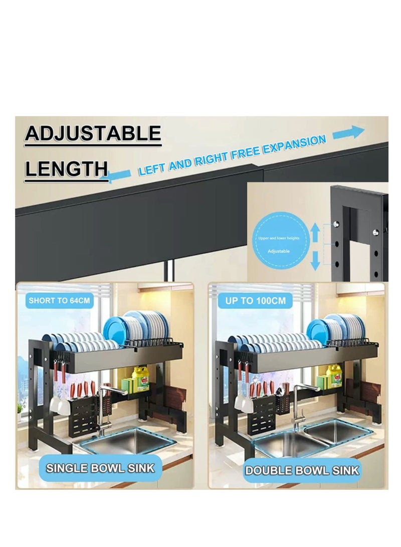 هيكسار حامل أطباق بطول 64 - 100 سم قابل للتعديل فوق الحوض، حامل أطباق عالي التحمل وطول قابل للتعديل وارتفاع كبير مع حامل أواني لمنظم سطح المطبخ - طبقتان - Image 3