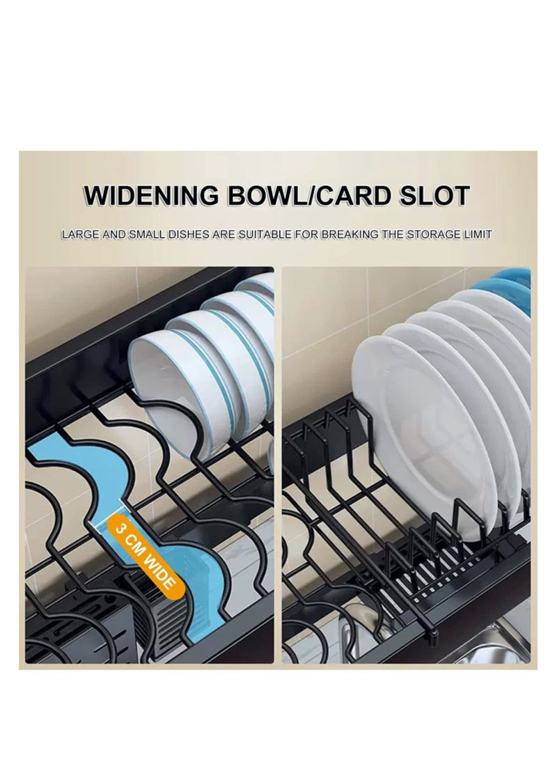 هيكسار حامل أطباق بطول 64 - 100 سم قابل للتعديل فوق الحوض، حامل أطباق عالي التحمل وطول قابل للتعديل وارتفاع كبير مع حامل أواني لمنظم سطح المطبخ - طبقتان - Image 4