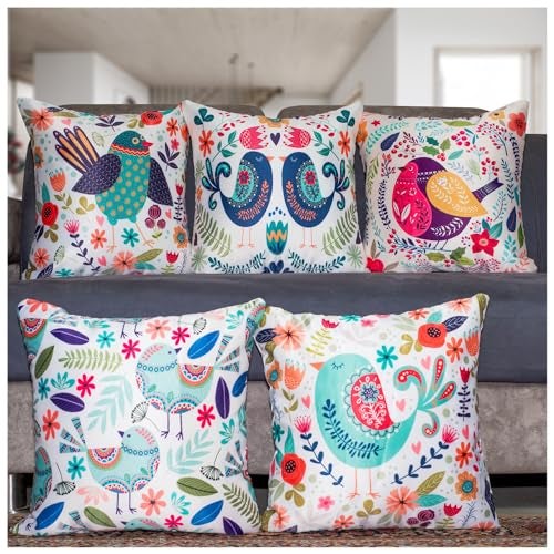 Vendola Satin 250TC Sofa Cushion Pillow Covers, Multicolor, Set of 5 Cushion Covers(Sparrows,16x16 Inches) - Image 1