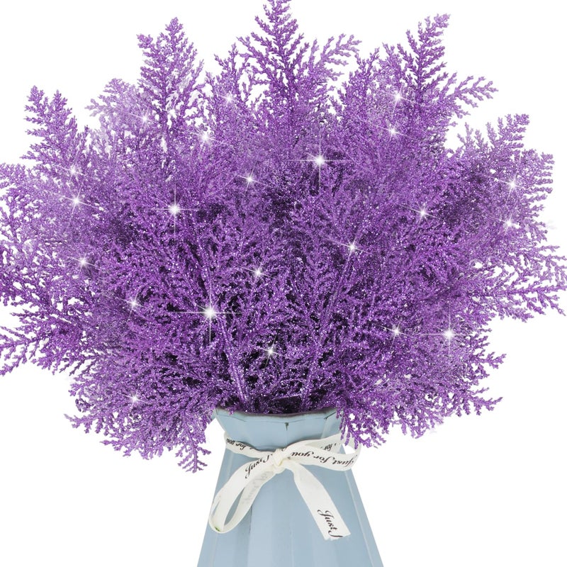 Kunjocy 20Pcs Christmas Tree Picks Sprays 10.4"" Glitter Artificial Pine Needles Branches Twigs Fake Pine Stems Picks for Halloween Xmas Tree Holiday Arrangement Crafts Garland Wreath Home Decor (20  Purple) - Image 1