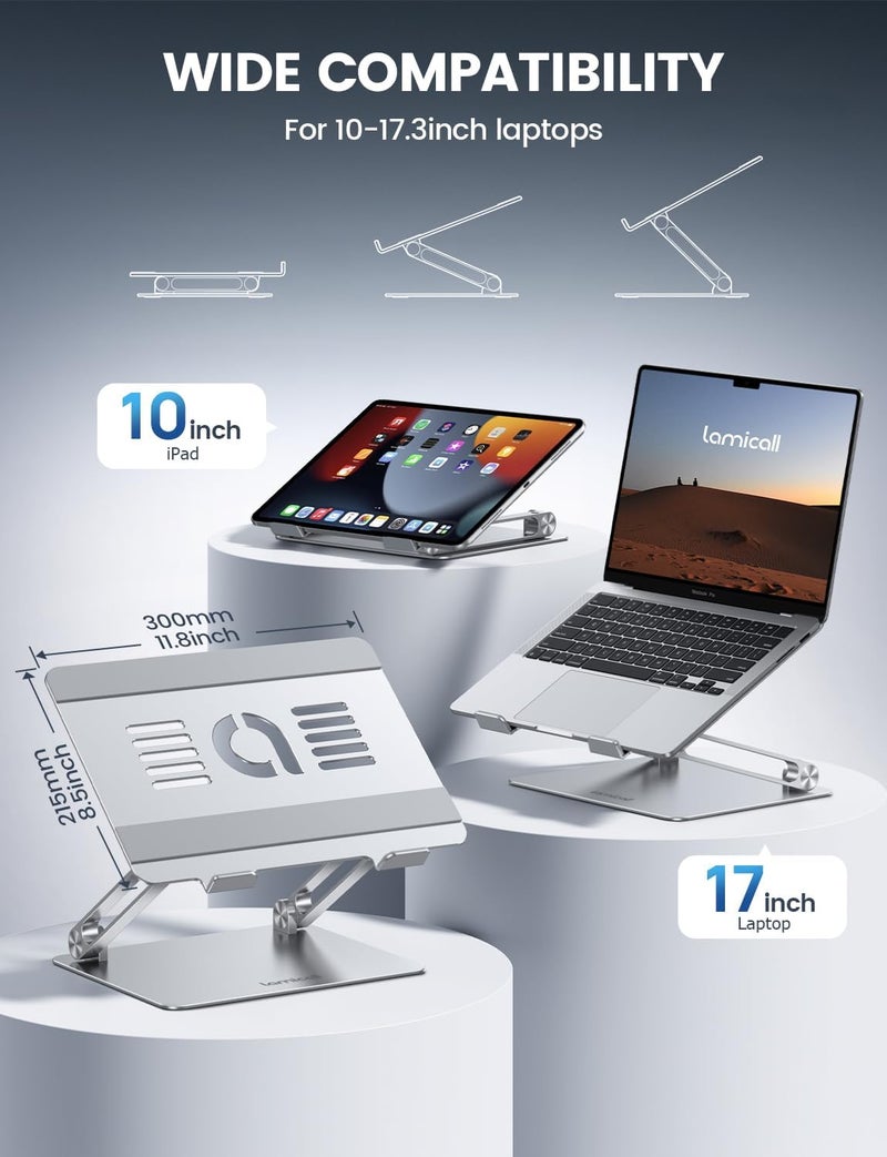 Lamicall Adjustable Laptop Stand, Portable Laptop Riser, Aluminum Laptop Stand for Desk Foldable, Ergonomic Computer Notebook Stand Holder for MacBook Air Pro, Dell XPS, HP (10-17.3'') - Silver - Image 2