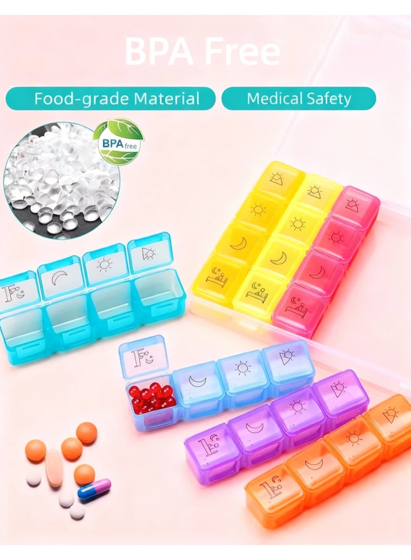 KHAJUL 28 Compartment Weekly Pill Organizer Box with Morning, Noon, Evening, Night Labels, 7 Day Plastic Medicine Dispenser with Removable Trays and Secure Lid, Large Capacity Vitamin Case for Travel, Elderly, Rainbow Colors - Image 3