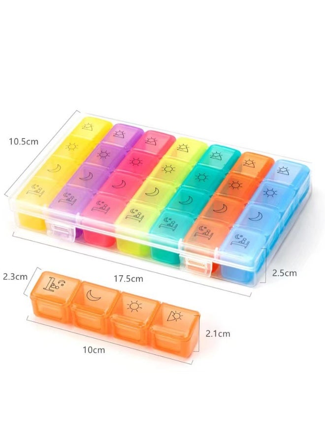 KHAJUL 28 Compartment Weekly Pill Organizer Box with Morning, Noon, Evening, Night Labels, 7 Day Plastic Medicine Dispenser with Removable Trays and Secure Lid, Large Capacity Vitamin Case for Travel, Elderly, Rainbow Colors - Image 2
