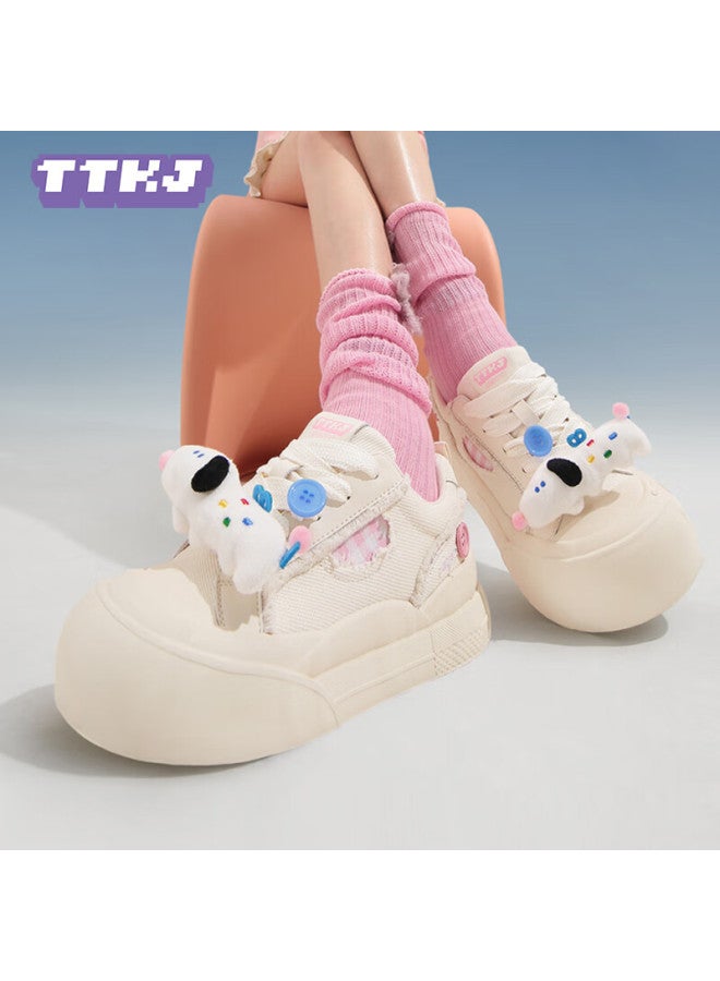 Ttkj Tttj Thick-soled Heightening Chunky Shoes For Women, Cute Sausage Dog Pattern, Versatile Floral Sneakers, Canvas Casual White Shoes - Image 2
