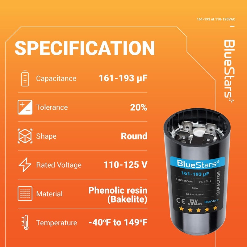 BlueStars [2025 Upgraded] 161-193 uf/MFD 125 VAC ±20% 50/60 Hz CD60 Round Motor Well Pump Start Capacitor Replacement - Perfect Fit for Air Conditioner, Heat Pump - Up to 30.000 Hours - Image 3