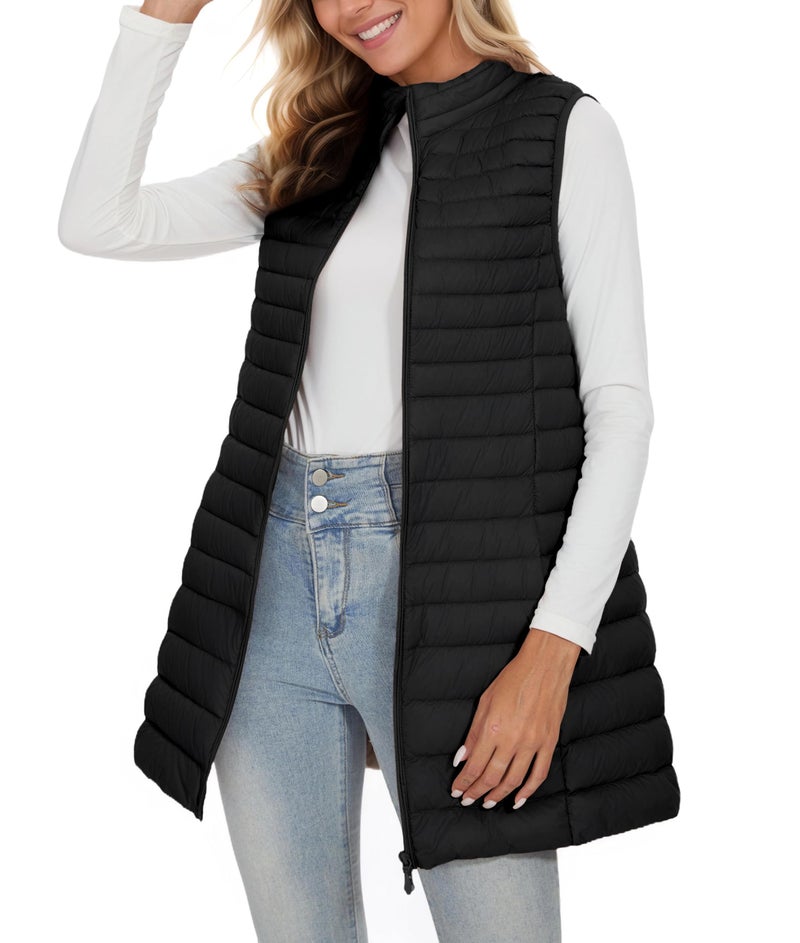 ELFJOY Long Puffer Vest Women Winter Ultra Light Long Down Vest with Stand Collar Black Womens Vests Outerwear - Image 1