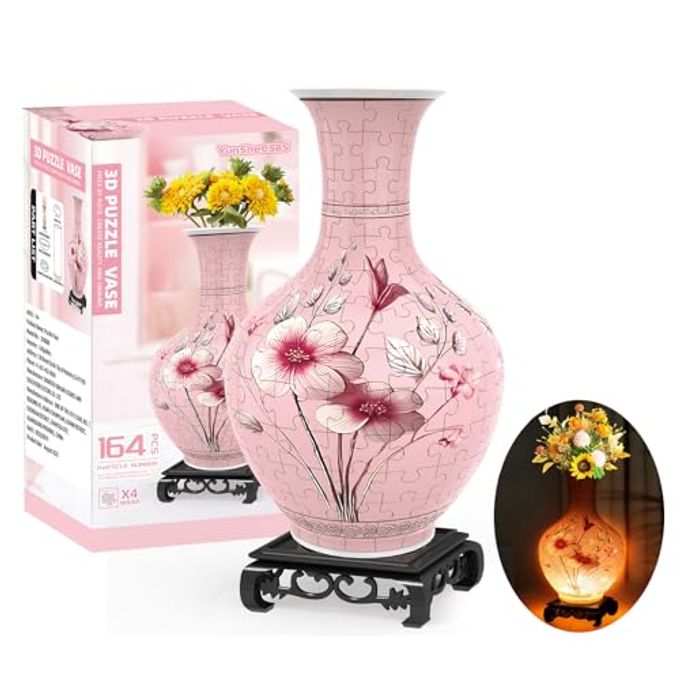 3D PUZZLES VASE FOR ADULTS CRAFTS FOR ADULTS 164 PIECES PLASTIC DIY UNIQUE FLOWER VASE WITH LED LIGHT HOUSE WARMING GIFT BIRTHDAY GIFTS FOR FLOWER ARRANGEMENTS AND HOME DECOR PINK