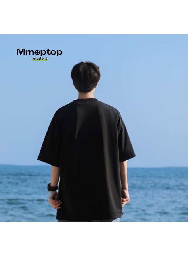 Mmoptop Solid Color Heavyweight Short Sleeve T-shirt Men Summer Simple Pure Cotton Loose Casual Base Shirt Women T001 2 Black L - Image 5