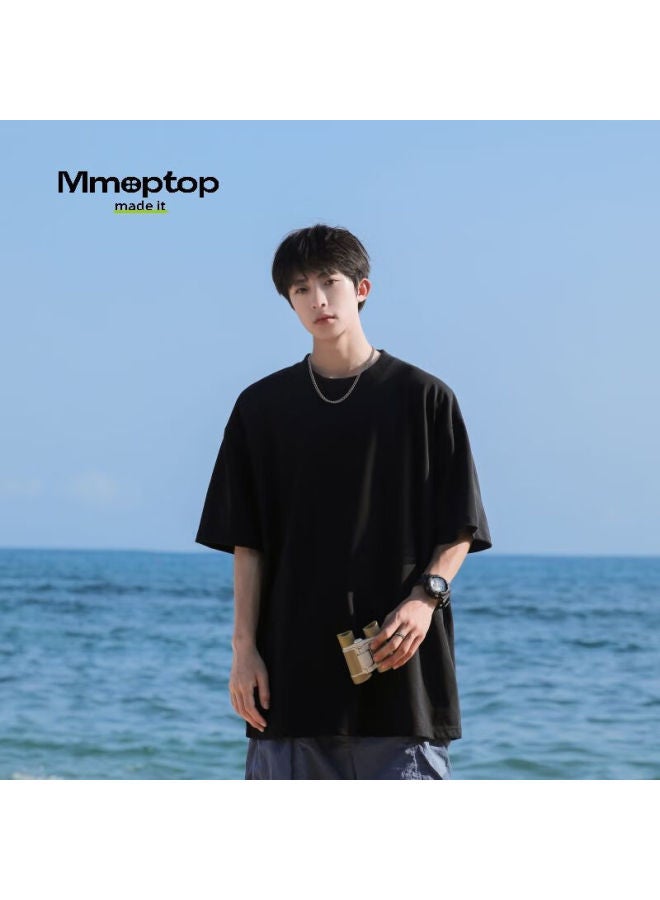 Mmoptop Solid Color Heavyweight Short Sleeve T-shirt Men Summer Simple Pure Cotton Loose Casual Base Shirt Women T001 2 Black L - Image 1