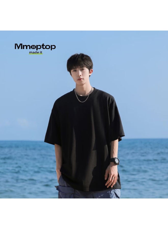 Mmoptop Solid Color Heavyweight Short Sleeve T-shirt Men Summer Simple Pure Cotton Loose Casual Base Shirt Women T001 2 Black L - Image 3