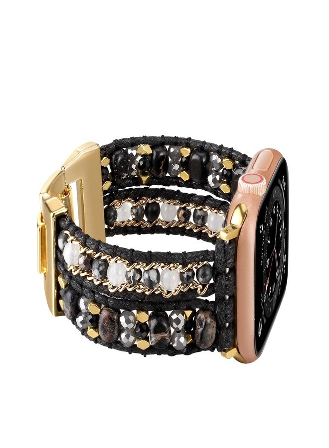 Wingoden Boho Bracelet Compatible with Apple Watch Band 42mm/41mm/38mm/40mm Natural Stone Beaded iWatch Band Women Men Apple Watch Strap Ultra Series 10/9/8/7/6/5/4/3/2/1/SE/Ultra 2, Black Beads - Image 1