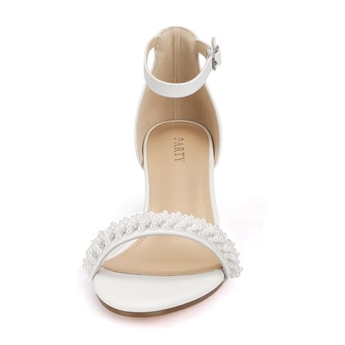 PARTY Women's Open Toe Ankle Strap Low Block Chunky Heels Sandals, White Pearl, 8 - Image 2