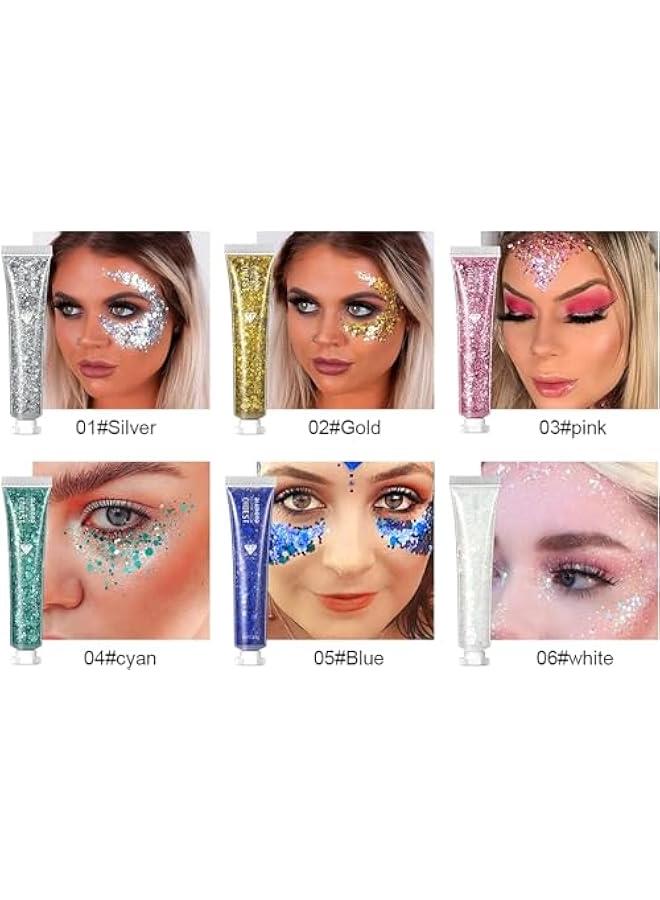 HOOKOR 6 Pack Body Glitter Gel Face Glitter for Body, Face, Eye, Hair, Nails Glitter Makeup Liquid Long Lasting Sparkling Mermaid Chunky Glitter Gel for Festival Art Party - Image 3