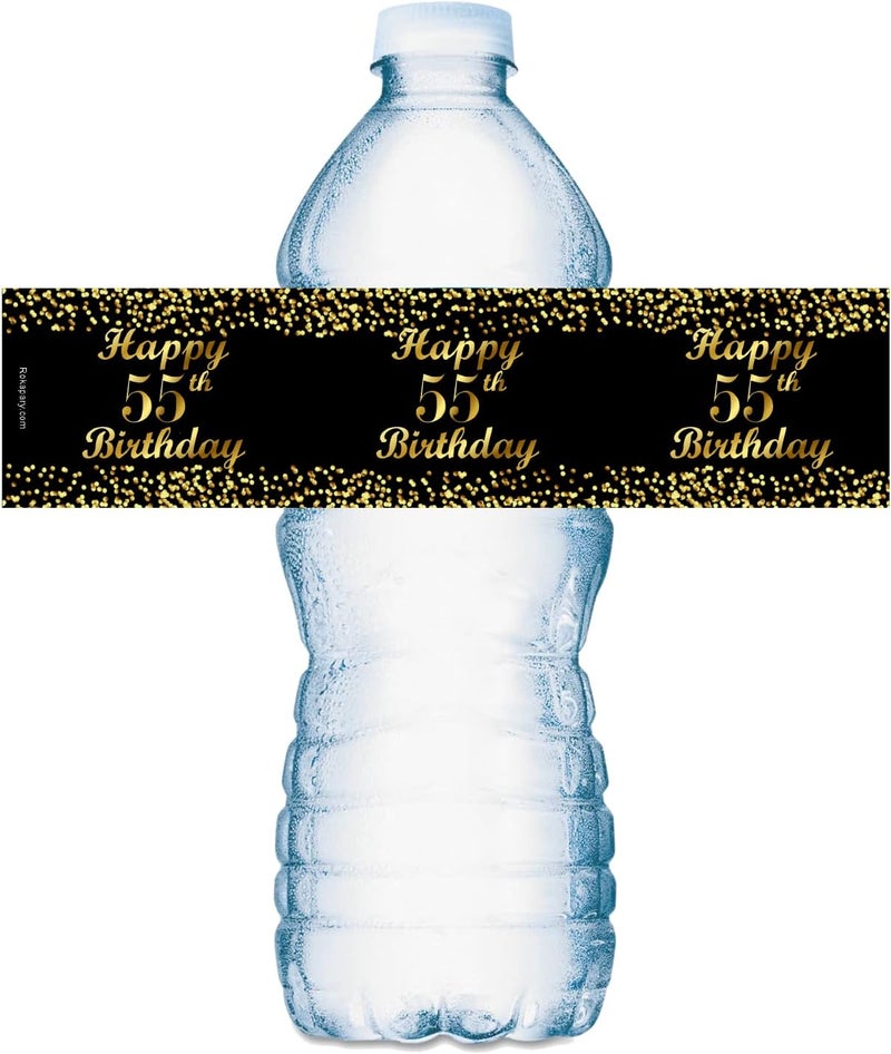 RokAPary 55th Birthday Black Water Bottle Labels Set of 25 Waterproof Water Bottle Wrappers Gold and Black Stickers Happy Birthday Labels Made in USA - Image 1
