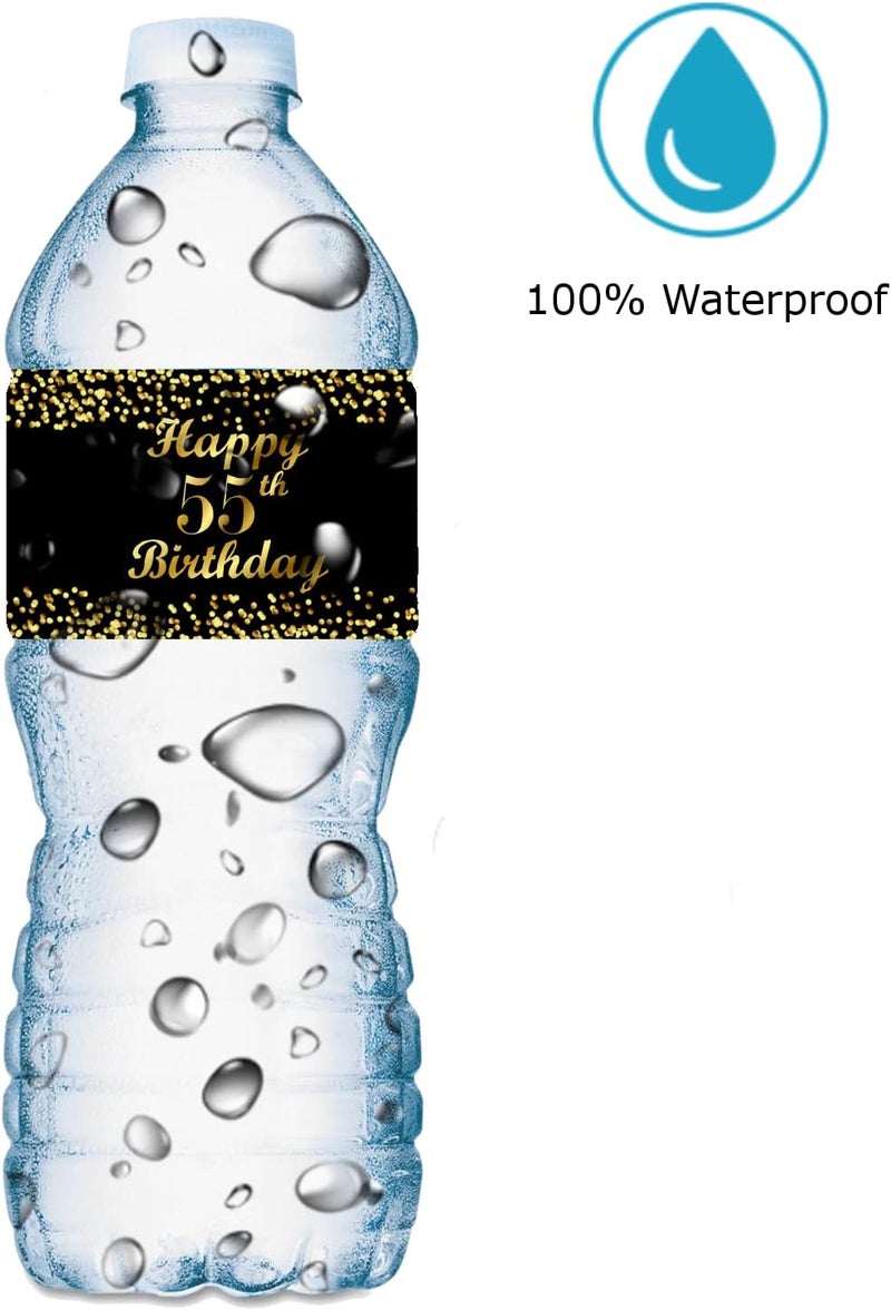 RokAPary 55th Birthday Black Water Bottle Labels Set of 25 Waterproof Water Bottle Wrappers Gold and Black Stickers Happy Birthday Labels Made in USA - Image 3