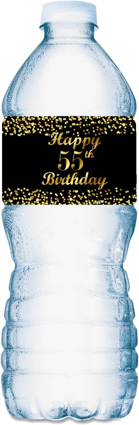 RokAPary 55th Birthday Black Water Bottle Labels Set of 25 Waterproof Water Bottle Wrappers Gold and Black Stickers Happy Birthday Labels Made in USA - Image 2
