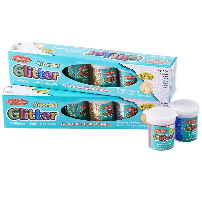 Creative Arts by Charles Leonard Glitter Set 34 Ounce Bottles 2 Each of Red Blue Green Gold Silver and Multi 12 BottlesSet 41012