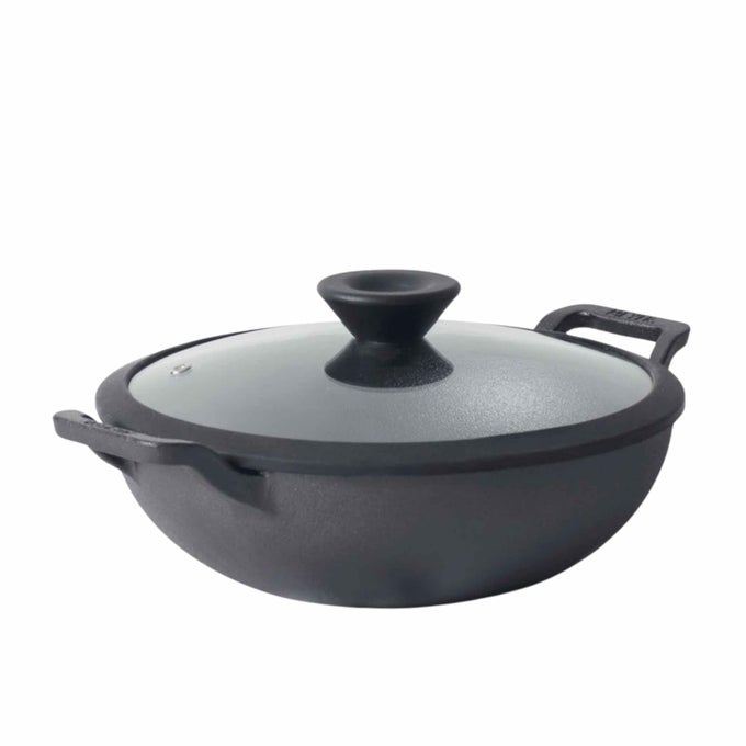 MEYER PRE SEASONED CAST IRON KADAI|IRON KADHAI WITH LID FOR COOKING AND STIR FRYING | HEAVY BASE IRON KADAI BIG SIZE | GAS STOVE AND INDUCTION FRIENDLY 30CM/ 4.5 LITERS, BLACK