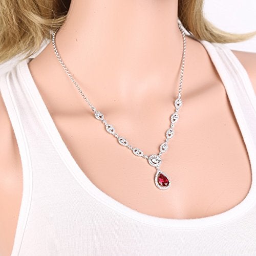 GULICX Silver Tone Ruby Color Red Jewelry Set Necklace Earrings Wedding Party Jewelry Silver Tone - Image 3