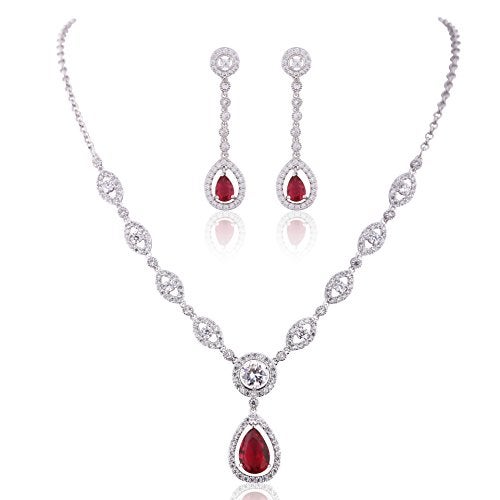 GULICX Silver Tone Ruby Color Red Jewelry Set Necklace Earrings Wedding Party Jewelry Silver Tone - Image 1