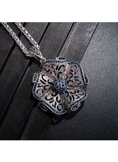 Floral Sweater Necklace Vintage Hollow Long PendantAncient Silver Blue Diamond big flower Ancient Silver Blue Diamond big flower