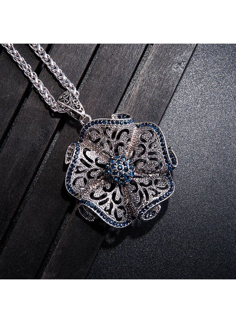 Generic - Floral Sweater Necklace Vintage Hollow Long PendantAncient Silver Blue Diamond big flower Ancient Silver Blue Diamond big flower - Image 1