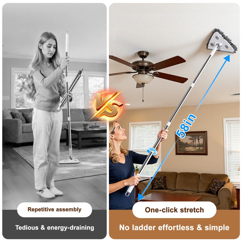 POPMOP Wall Cleaner Mop with Long Handle, Wall Duster with Extension Pole, 3-in-1 Wall Cleaner, Dust Mop with 5 Reusable Pads - Image 4