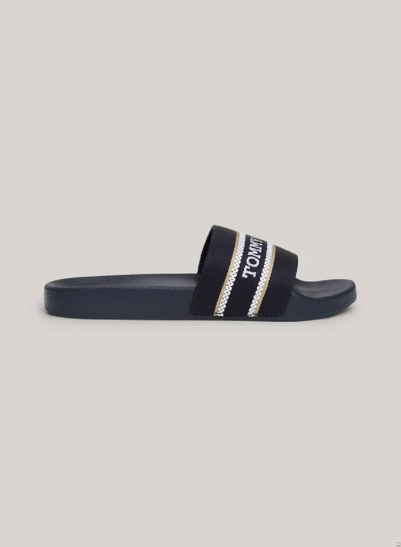 TOMMY HILFIGER Women's Logo Strap Webbing Pool Slides -  Polyester webbing upper, Blue