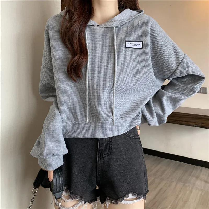 Cropped Waffle Hoodie Womens Casual Korean Autumn Winter Black  - Image 4