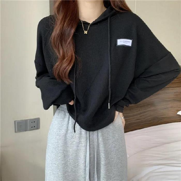 Cropped Waffle Hoodie Womens Casual Korean Autumn Winter Black  - Image 1