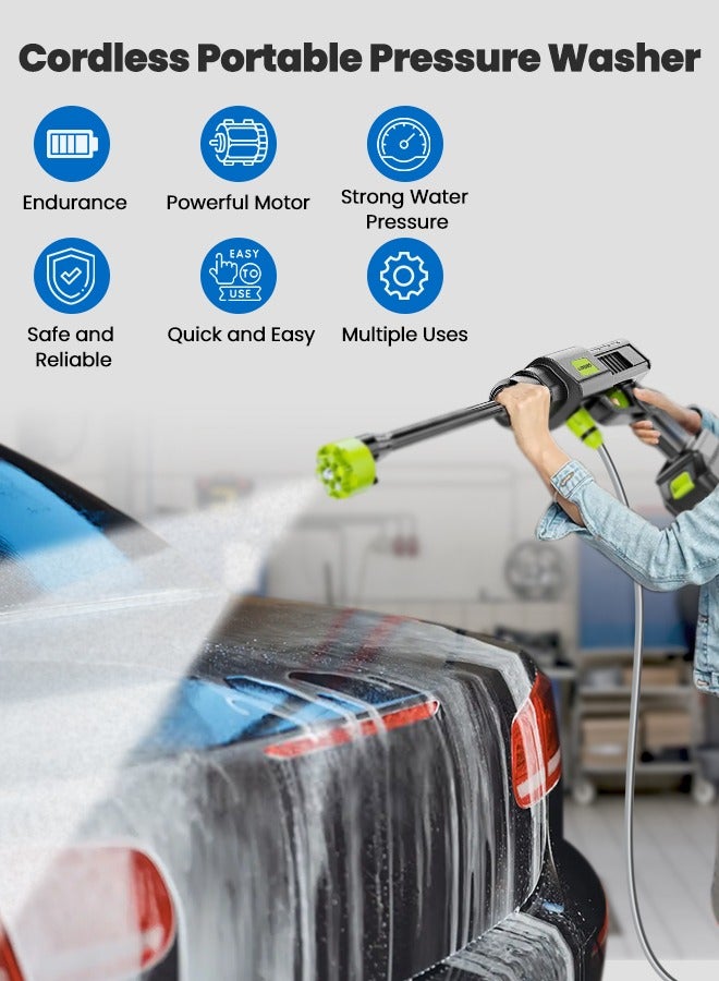 Cordless Portable Washer 21V Electric High Pressure Water Gun with 6-in-1 Spray Nozzle Adjustable Water Column Rechargeable Battery for Car Wall Floor Window Garden