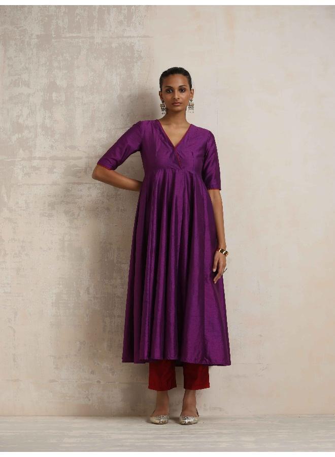 trueBrowns Purple Silk Anarkali Kurta Pant Dupatta Set - Image 3