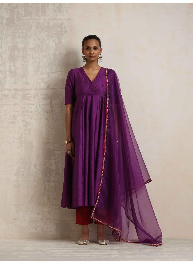 trueBrowns Purple Silk Anarkali Kurta Pant Dupatta Set - Image 2