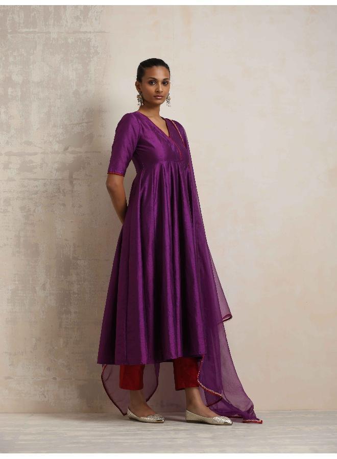 trueBrowns Purple Silk Anarkali Kurta Pant Dupatta Set - Image 5