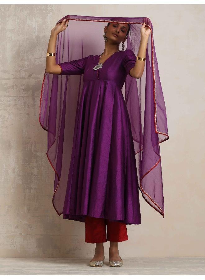trueBrowns Purple Silk Anarkali Kurta Pant Dupatta Set - Image 1