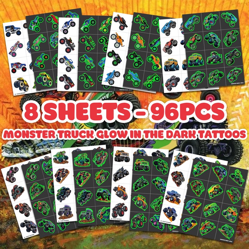 91TATTOOS 96 Pcs Monster Truck Race Car Pre-Cut Luminous Glow In The Dark Temporary Tattoos For Kids | Super Cute Themed Birthday Party Favors Supplies Decorations  Fake Tattoos Rewards & Gifts For Boys Girls - Image 3