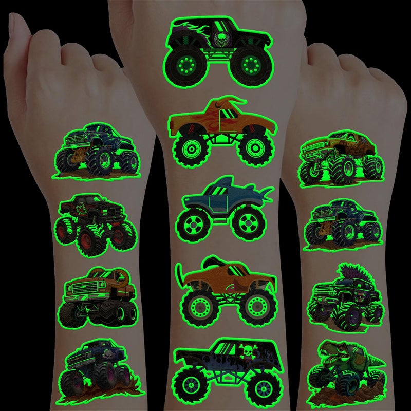 91TATTOOS 96 Pcs Monster Truck Race Car Pre-Cut Luminous Glow In The Dark Temporary Tattoos For Kids | Super Cute Themed Birthday Party Favors Supplies Decorations  Fake Tattoos Rewards & Gifts For Boys Girls - Image 1