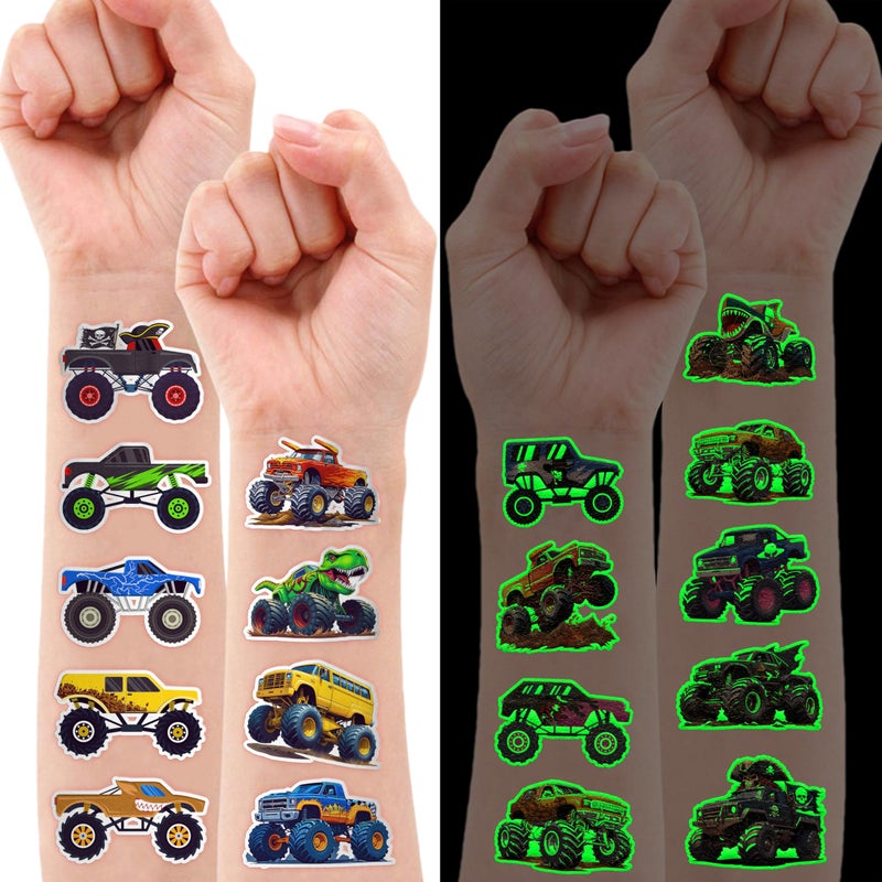91TATTOOS 96 Pcs Monster Truck Race Car Pre-Cut Luminous Glow In The Dark Temporary Tattoos For Kids | Super Cute Themed Birthday Party Favors Supplies Decorations  Fake Tattoos Rewards & Gifts For Boys Girls - Image 2