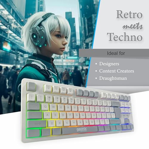 GEONIX Vintage KB4 Retro Style Chiclet Style Keyboard with 87 Keys, Rainbow Backlight, PVC Cable, Durable Body, Compact & Slim Design (White Grey) - Image 5