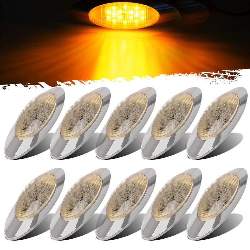Partsam 10pcs 65 LED Marker Lights DOT Approved Oval Amber 16 LED Side Marker Clearance Lights with Chrome Bezel Ultra Thin Panelite Light Replacement for Trucks Peterbilt Kenworth Freightliner