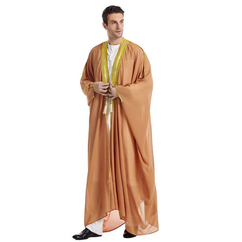 Factory stock men's gowns loose large size men's embroidered long sleeves hanging gold beads chiffon single outer coat TH834