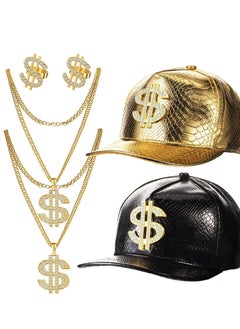 Excefore 6 Pcs Hip Hop Costume Accessories Baseball Cap Dollar Hat Gold Chain Sign Pendant Necklaces Rings  - Image 1