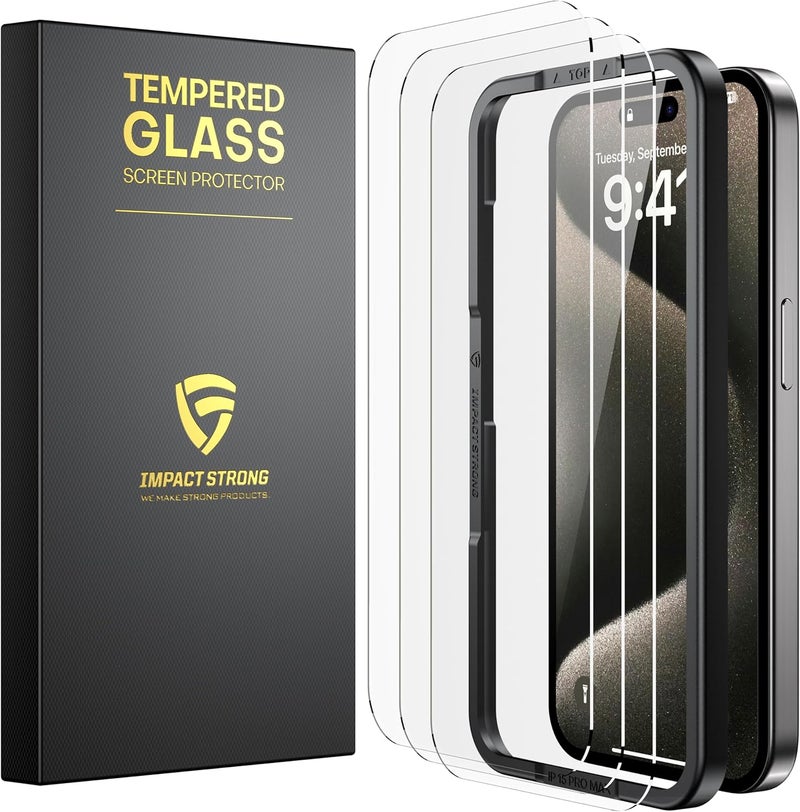ImpactStrong Shatterproof Tempered Glass Screen Protector for iPhone 15 Pro Max [Easy Installation Frame] [Bubble Free] [9H Hardness] [Full Coverage] Case Friendly, 6.7 Inch - (3-Pack) - Image 1