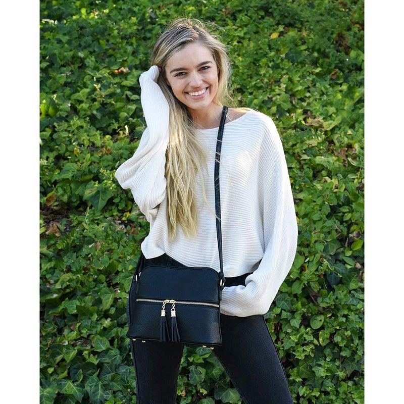 SG SUGU Lunar Lightweight Medium Dome Crossbody Bag Shoulder Bag with Double Tassels | Zipper Pocket | Adjustable Strap|Black - Image 2